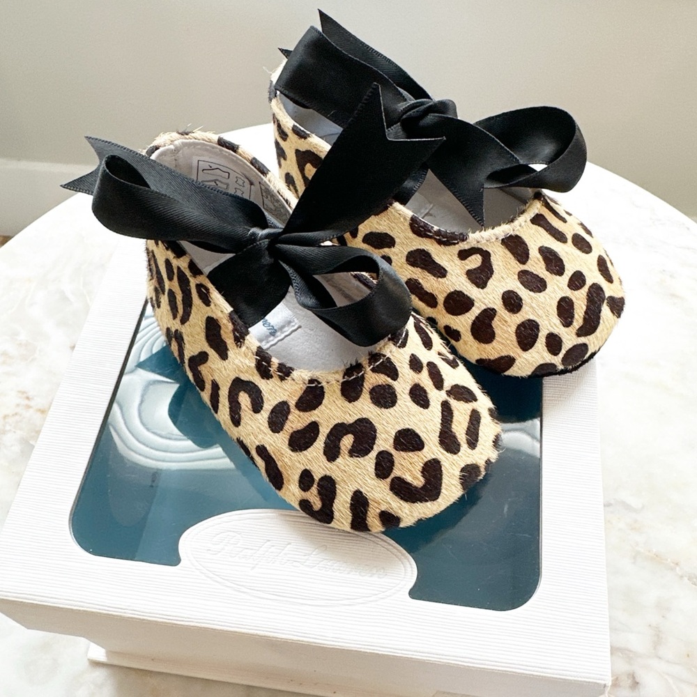 Ralph Lauren baby girl leopard Print Baby Shoes with Black Bow